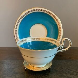 Aynsley Teacup Saucer Set Teal Blue White Gold Accents Made England Bone China